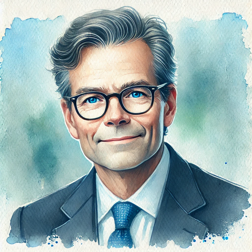 Watercolor painting of David Robertson, CEO - Middle-aged man with salt-and-pepper hair and rectangular glasses, confident smile with slight crow's feet around eyes, wearing a navy blue suit with light blue tie, painted with soft blue/green background tones