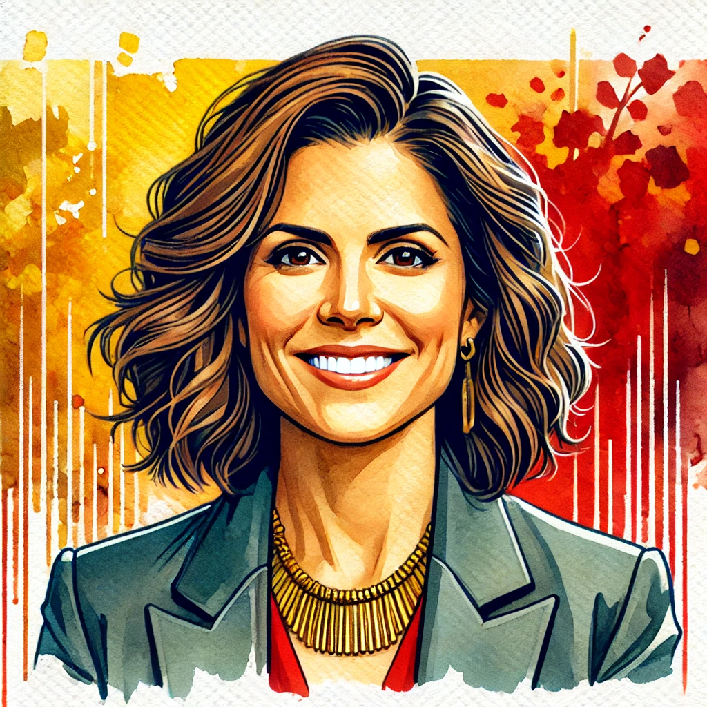 Watercolor painting of Jennifer Rodriguez, CMO - Woman in her 30s with shoulder-length wavy brown hair, bright engaging smile showing confidence, wearing modern business attire with statement gold necklace, painted with vibrant red/yellow background tones