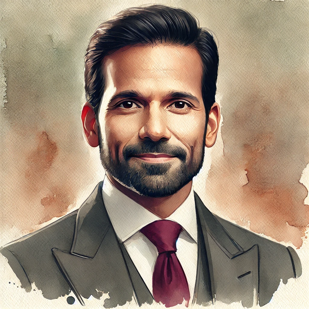 Watercolor painting of Michael Patel, COO - Man in his late 40s with short black hair and neatly trimmed beard, serious expression with slight smile, wearing a charcoal gray suit with burgundy tie, painted with warm orange/brown background tones