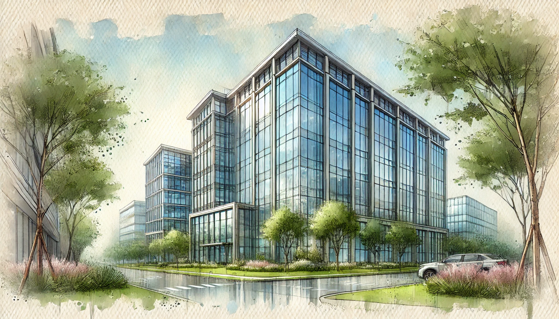 All Software A Dollar Headquarters - Modern glass office building with dollar sign logo