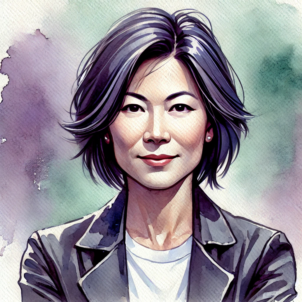 Watercolor painting of Sarah Chen, CTO - Woman in early 40s with an asymmetrical bob haircut, intelligent expression with slight smirk, wearing a casual tech executive look with dark blazer over white t-shirt, painted with purple/teal background tones